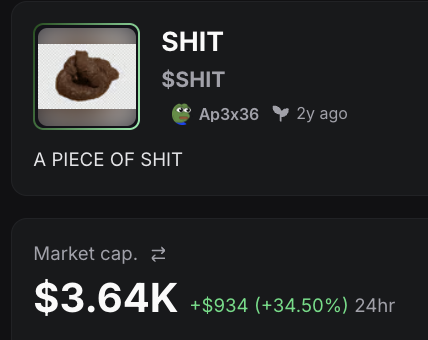 Screenshot showing $SHIT at a $3.64K market cap with +34.50% 24h change